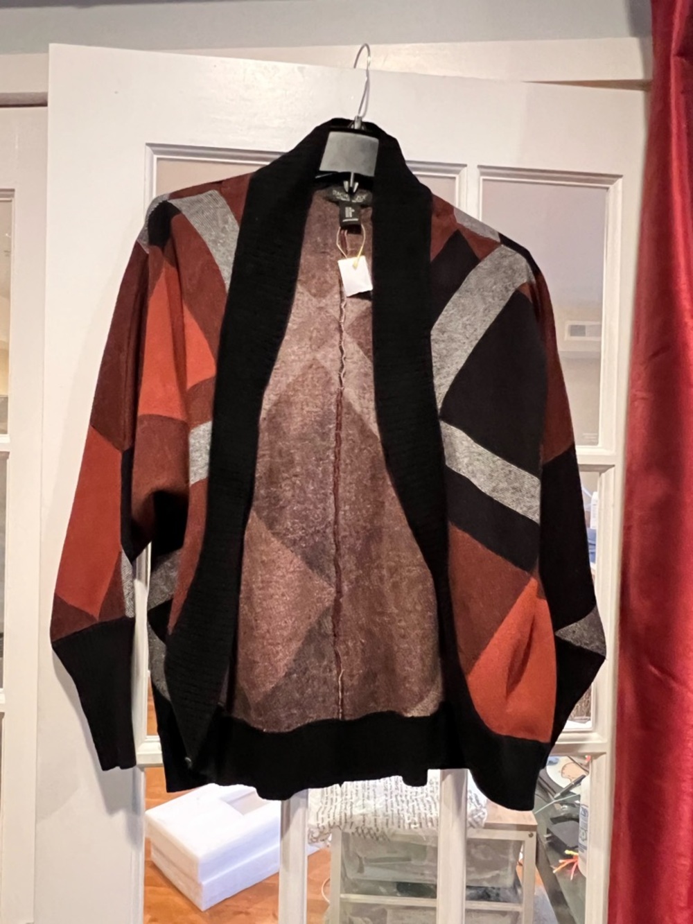Rachel Zoe Open-Front Geometric Cardigan in Black, Rust & Gray